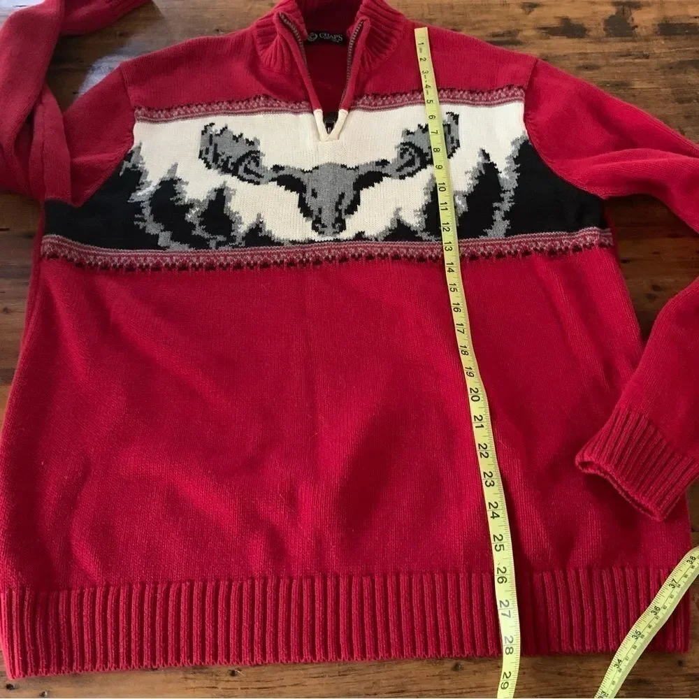 Mens Cabincore Moose Red Cotton Pullover 1/4 Zip Sweater Sz XL